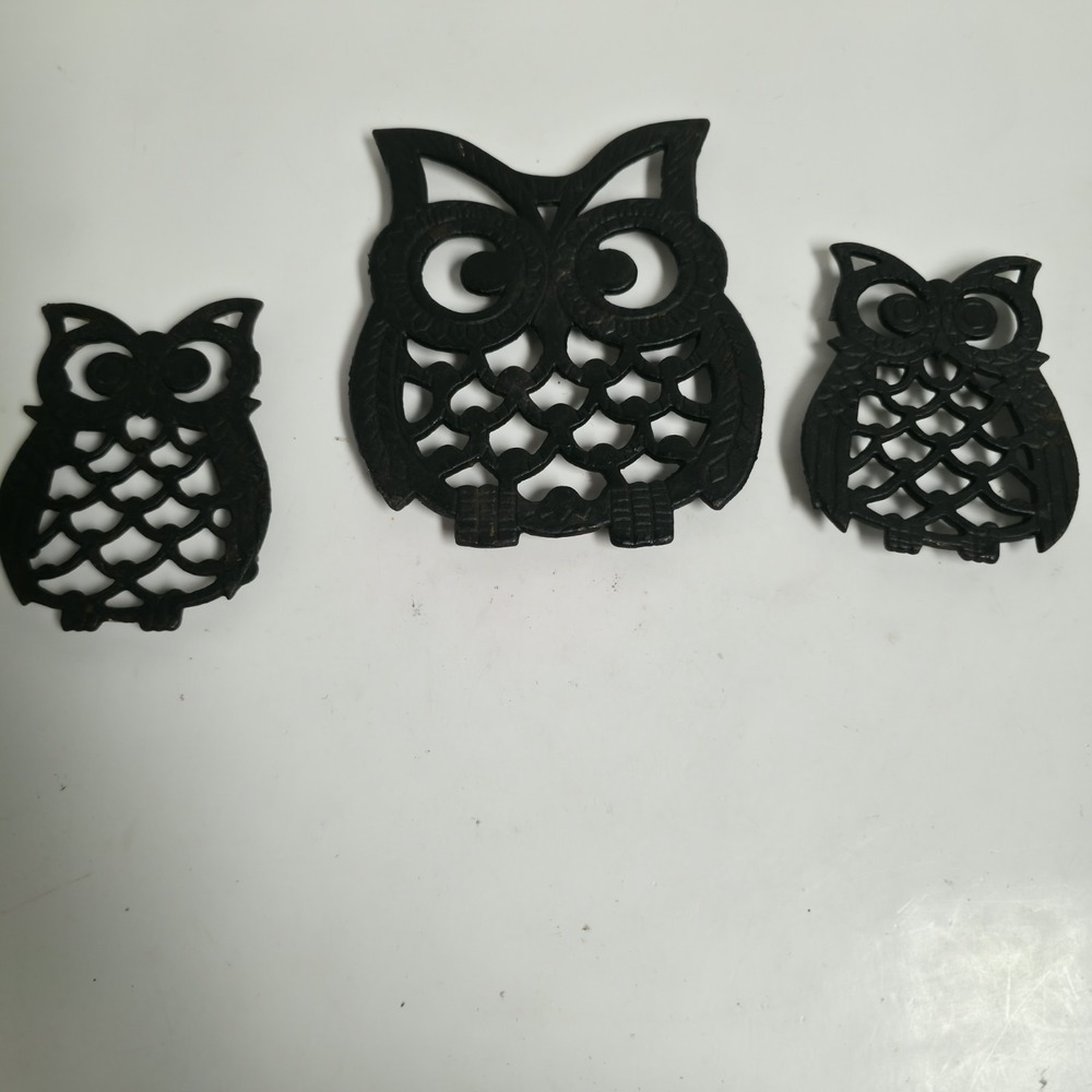 VTG 1970s Cast Iron Owl Trivets Set of 3 MCM Kitchen Decor Hot Plates Taiwan